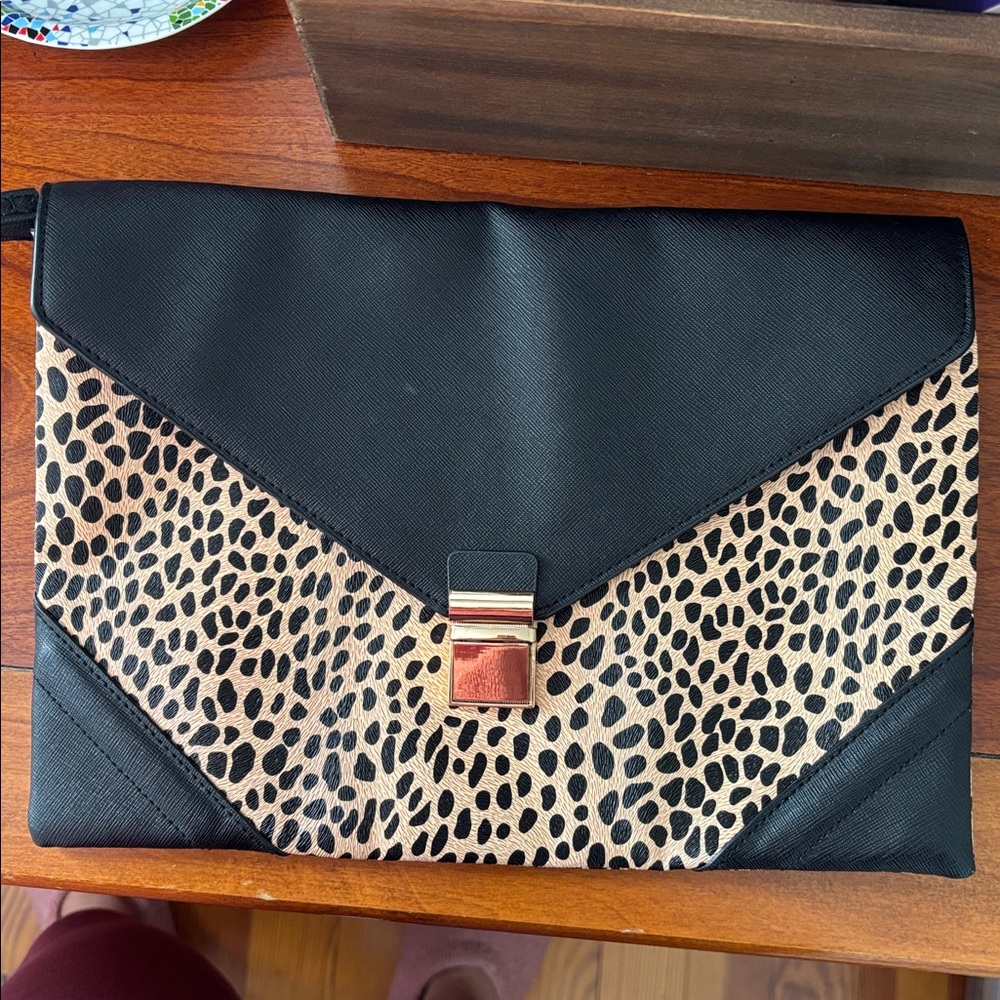 Oversize Black and Leopard Print Clutch